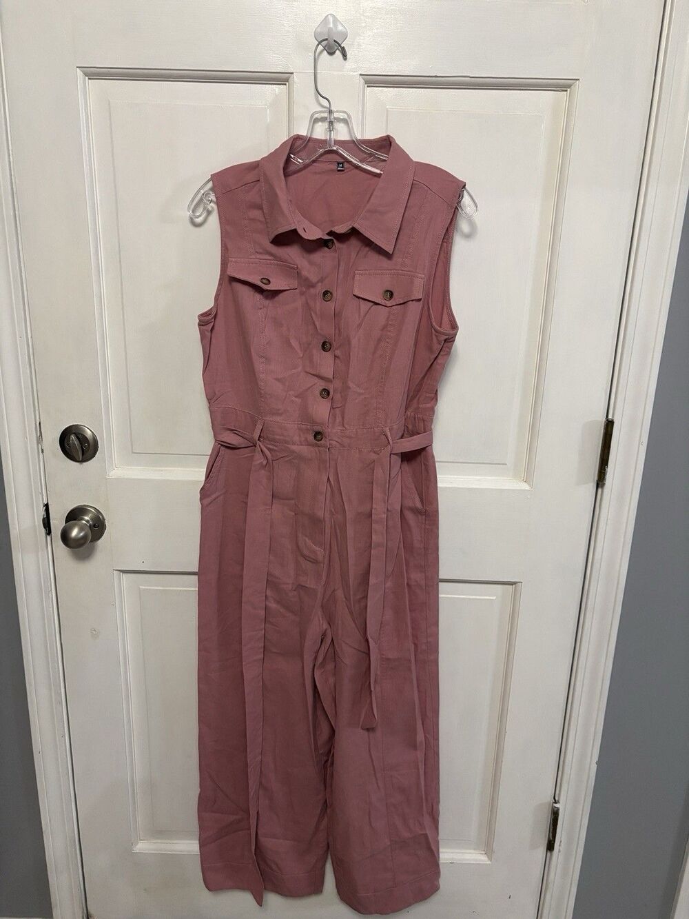 Women’s Pink Button Down Sleeveless One-Piece Belted Jumpsuit Size M